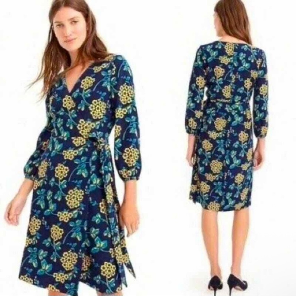 J. Crew Blue Yellow Golden Floral Wrap Dress Belted 365 Crepe Women Size 10